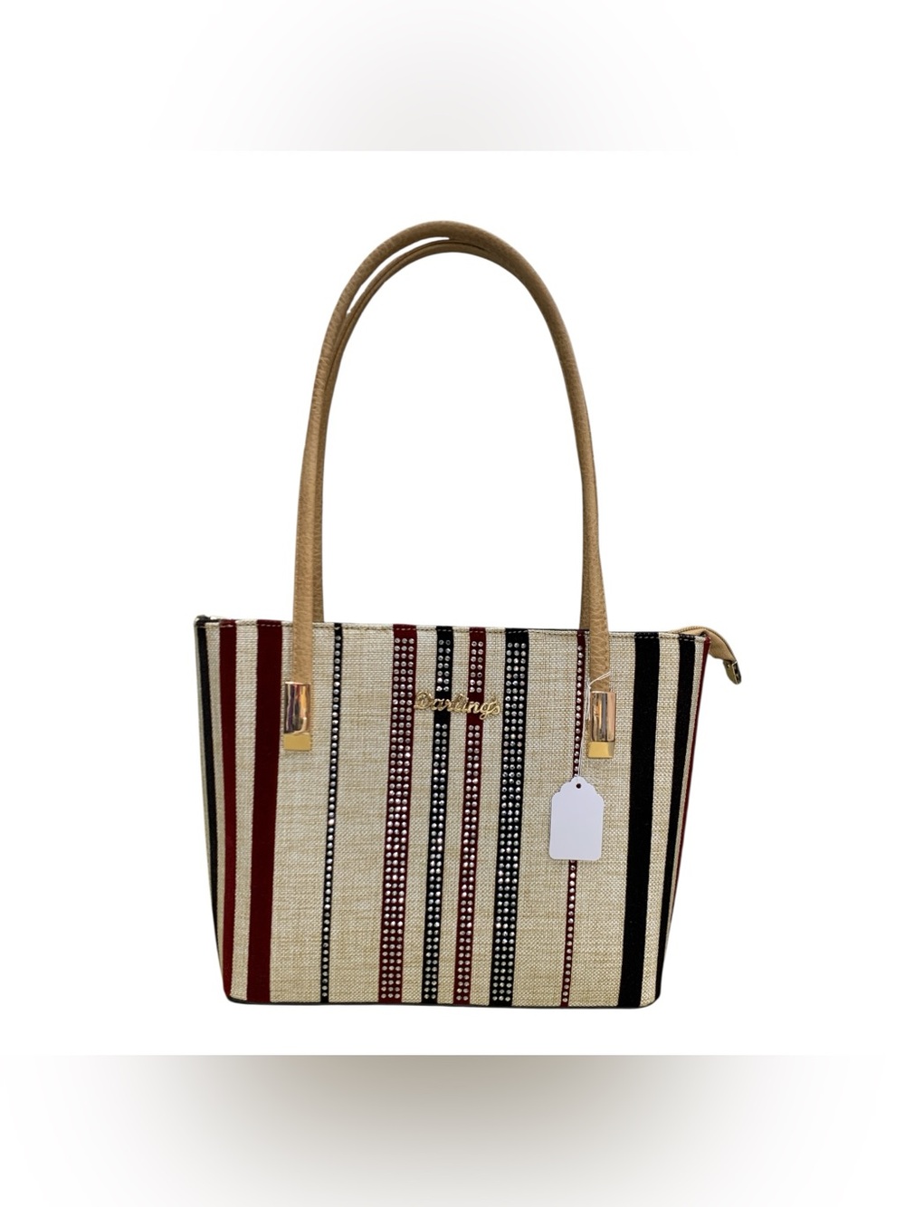 Darling Vegan Striped Tote in Beige, Black & Burgundy